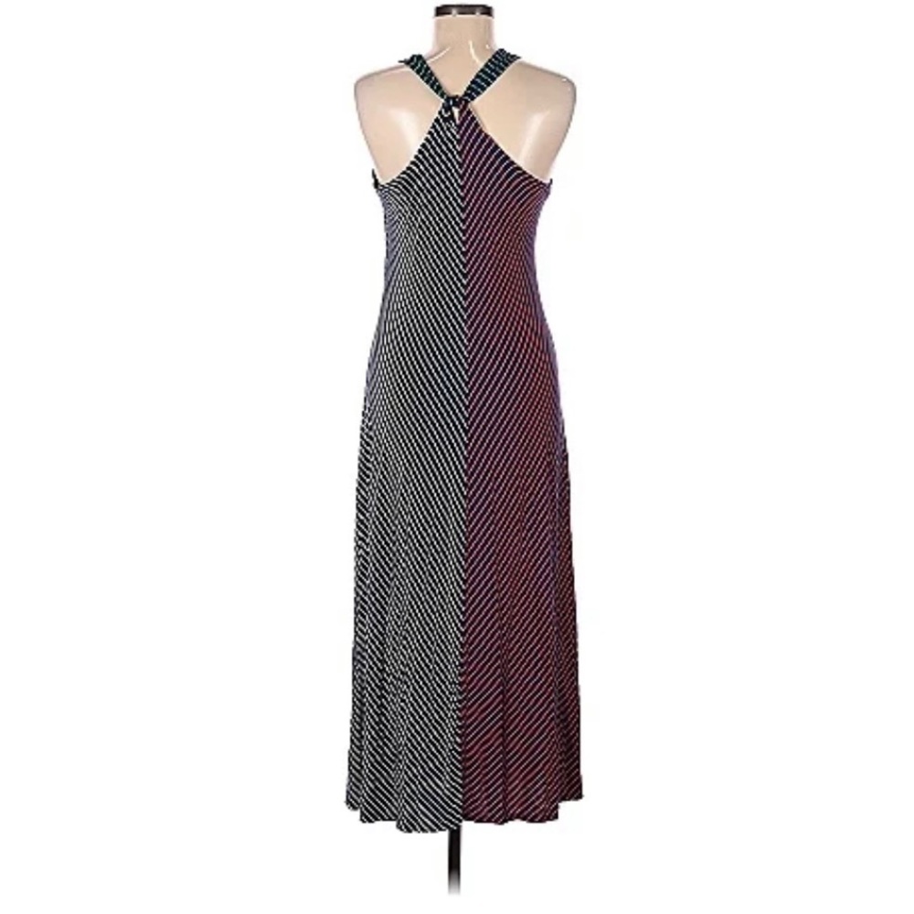 Multi-color, diagonal stripe maxi dress with criss-cross back